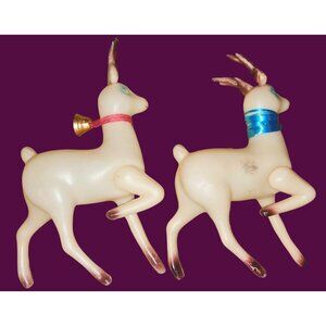 2 Mid Century Vintage 1950's Plastic Blow Mold Reindeer Decorations Wreath Blue